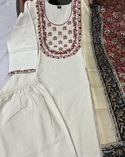 Premium Khadi Cotton Embroidered Kurti Pant Set with Bhagalpuri Khadi Printed Dupatta