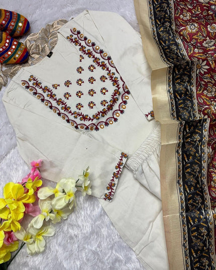 Premium Khadi Cotton Embroidered Kurti Pant Set with Bhagalpuri Khadi Printed Dupatta