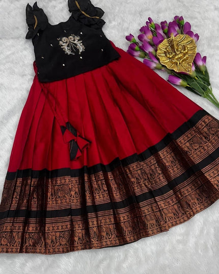 Girls Pure Silk Zari Weaving Lehenga Choli Set with Heavy Handwork Blouse | Kids Festive & Wedding Wear