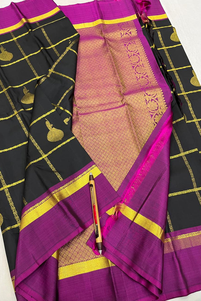 Elegant Kanchipuram Handloom Silk Saree | Unique Butta Design | Silk Mark Tag - Rosepetals Luxe
