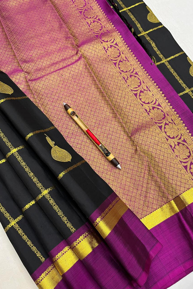 Elegant Kanchipuram Handloom Silk Saree | Unique Butta Design | Silk Mark Tag - Rosepetals Luxe