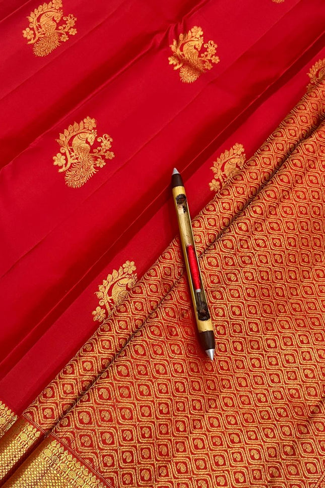 Red Kanchipuram Pure Silk Fancy Butta Saree | Silk Mark Certified - Rosepetals Luxe