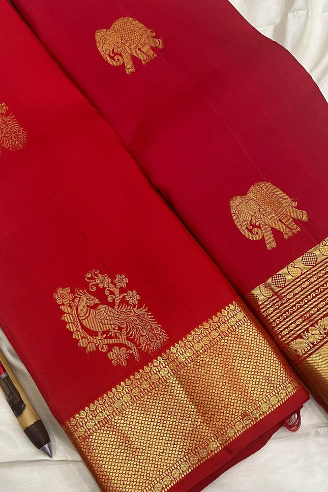 Red Kanchipuram Pure Silk Fancy Butta Saree | Silk Mark Certified - Rosepetals Luxe