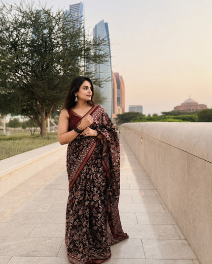 Maroon & Black Kalamkari Silk Cotton Saree with Blouse