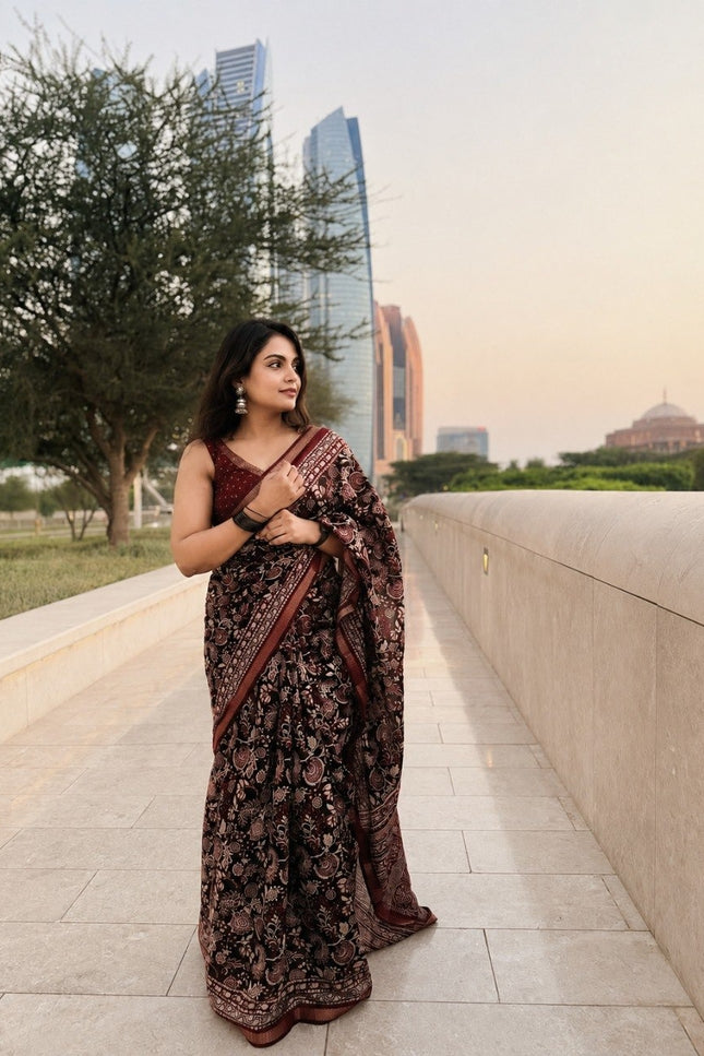 Maroon & Black Kalamkari Silk Cotton Saree with Blouse