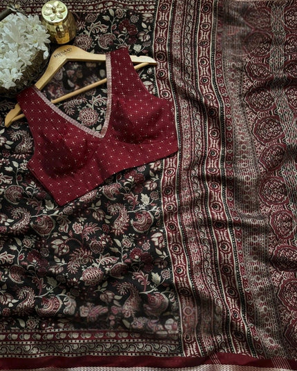 Maroon & Black Kalamkari Silk Cotton Saree with Blouse