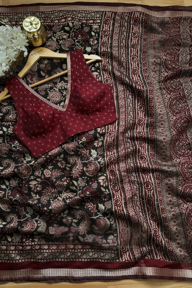 Maroon & Black Kalamkari Silk Cotton Saree with Blouse