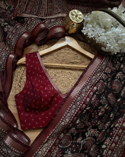Maroon & Black Kalamkari Silk Cotton Saree with Blouse