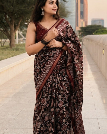 Maroon & Black Kalamkari Silk Cotton Saree with Blouse