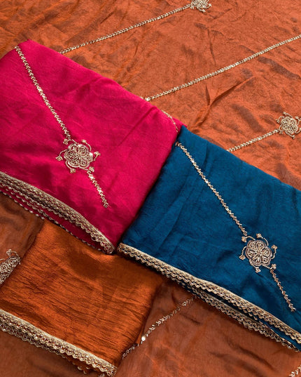 Party Wear Crush Rangoli Silk Saree with C-Pallu Bead Embroidery & Running Blouse - Rosepetals Luxe