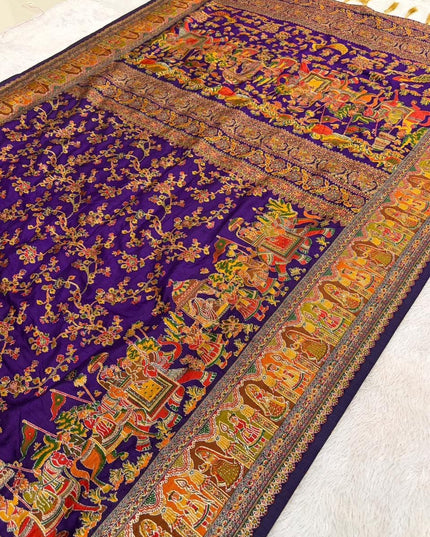 Hand-Dyed Rajwadi Pashmina Silk Saree with Kashmiri Thread-Woven Pallu & Zari Border - Rosepetals Luxe