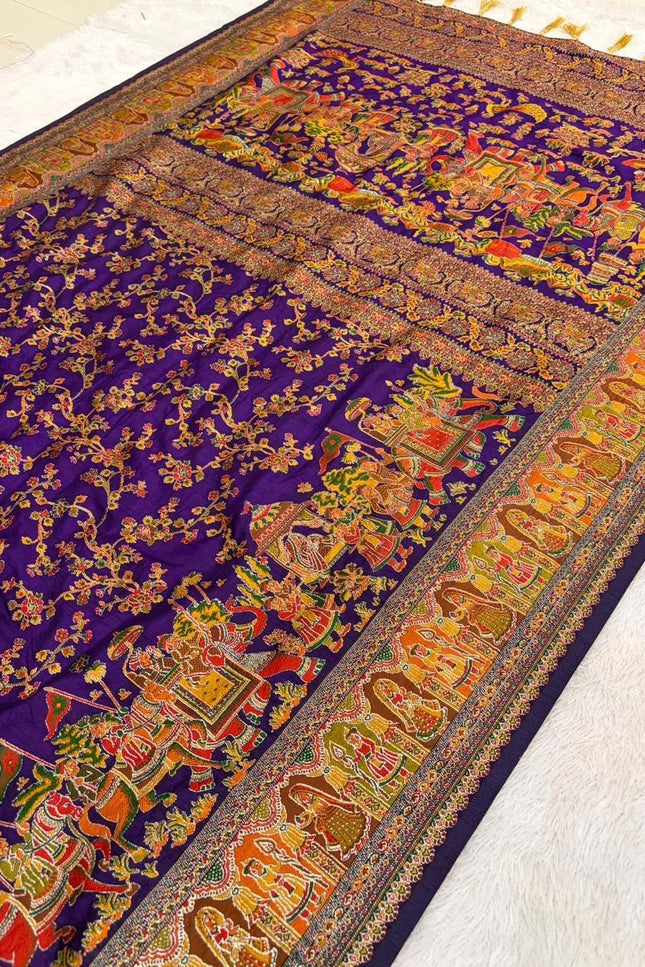 Hand-Dyed Rajwadi Pashmina Silk Saree with Kashmiri Thread-Woven Pallu & Zari Border - Rosepetals Luxe