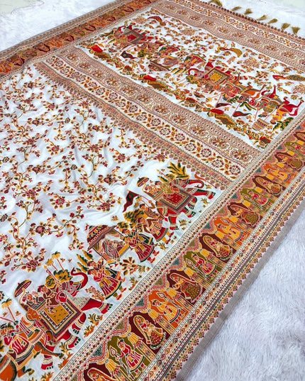 Hand-Dyed Rajwadi Pashmina Silk Saree with Kashmiri Thread-Woven Pallu & Zari Border - Rosepetals Luxe