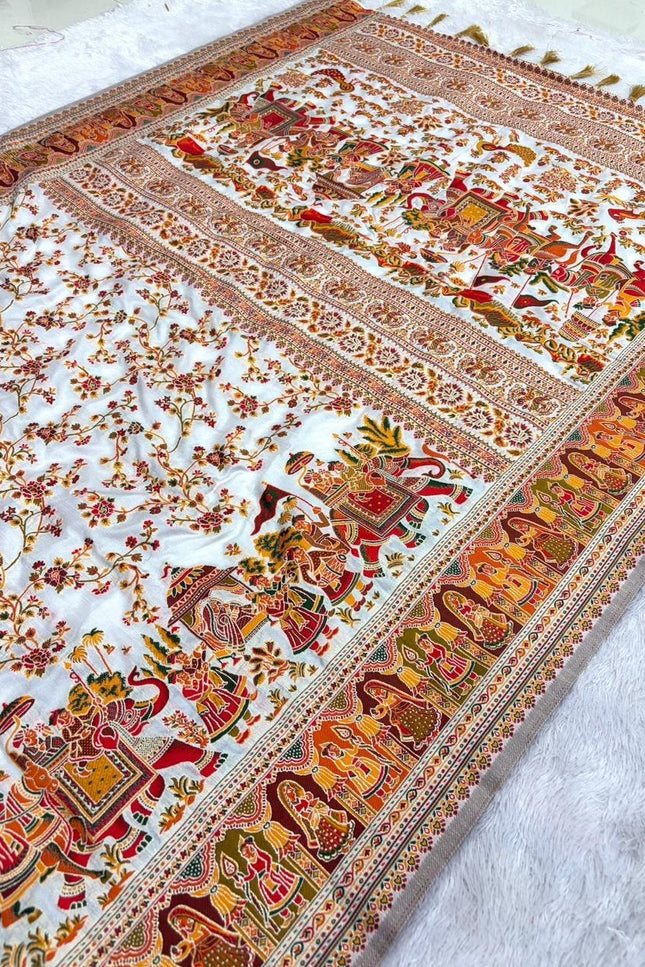 Hand-Dyed Rajwadi Pashmina Silk Saree with Kashmiri Thread-Woven Pallu & Zari Border - Rosepetals Luxe