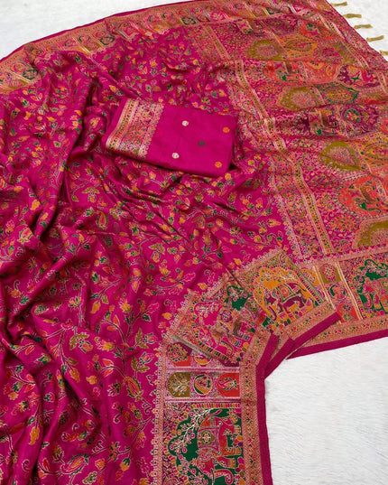 Hand-Dyed Rajwadi Pashmina Silk Saree with Kashmiri Thread-Woven Pallu & Zari Border - Rosepetals Luxe