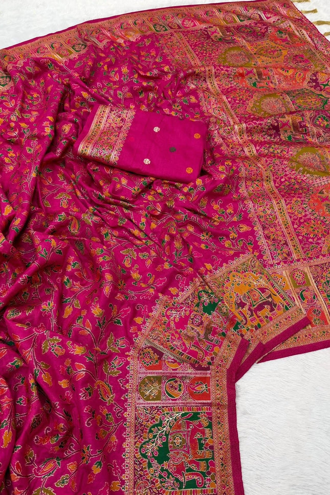 Hand-Dyed Rajwadi Pashmina Silk Saree with Kashmiri Thread-Woven Pallu & Zari Border - Rosepetals Luxe