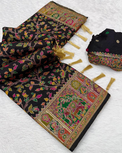 Hand-Dyed Rajwadi Pashmina Silk Saree with Kashmiri Thread-Woven Pallu & Zari Border - Rosepetals Luxe