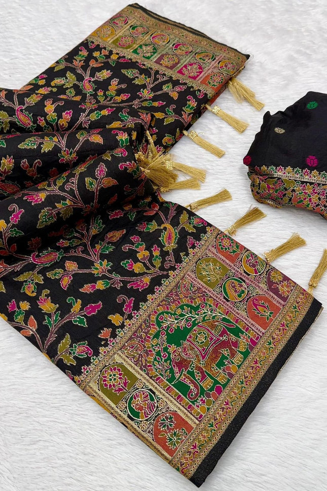 Hand-Dyed Rajwadi Pashmina Silk Saree with Kashmiri Thread-Woven Pallu & Zari Border - Rosepetals Luxe