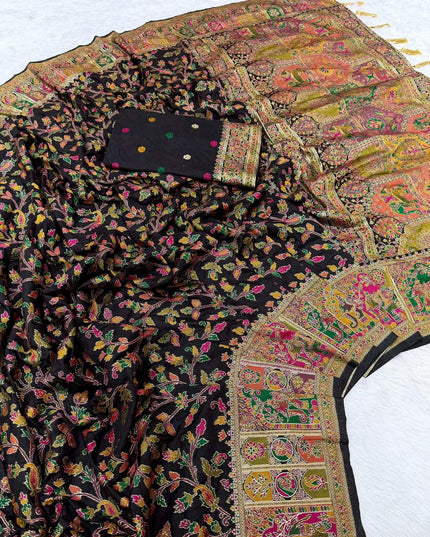 Hand-Dyed Rajwadi Pashmina Silk Saree with Kashmiri Thread-Woven Pallu & Zari Border - Rosepetals Luxe