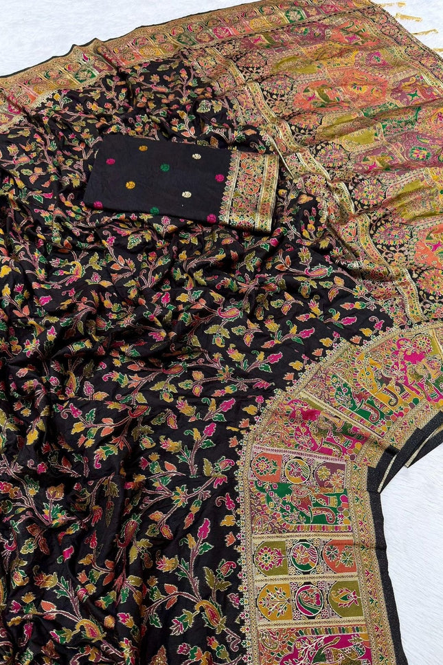 Hand-Dyed Rajwadi Pashmina Silk Saree with Kashmiri Thread-Woven Pallu & Zari Border - Rosepetals Luxe