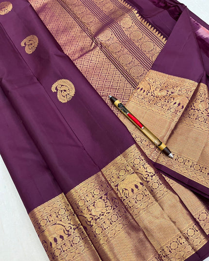 Wine Kanchipuram handloom silk butta saree with Silk Mark certification