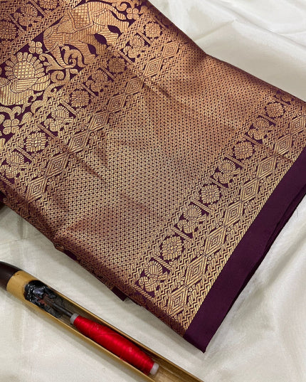 Wine Kanchipuram handloom silk butta saree with Silk Mark certification