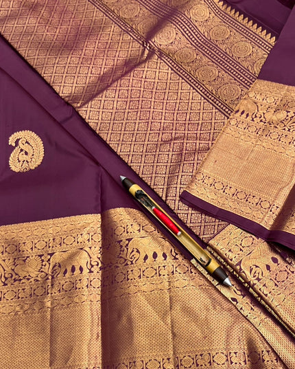 Wine Kanchipuram handloom silk butta saree with Silk Mark certification