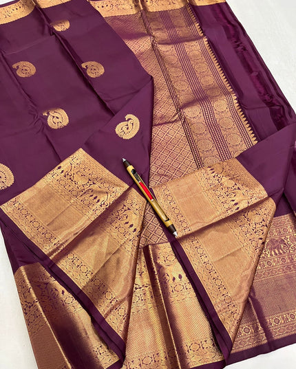 Wine Kanchipuram handloom silk butta saree with Silk Mark certification