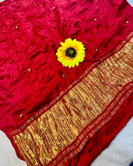 Karwa Chauth Special Pure Gajji Silk Bandhej Saree | Ghungroo Work - Rosepetals Luxe