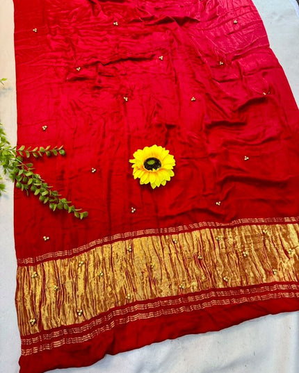 Karwa Chauth Special Pure Gajji Silk Bandhej Saree | Ghungroo Work - Rosepetals Luxe
