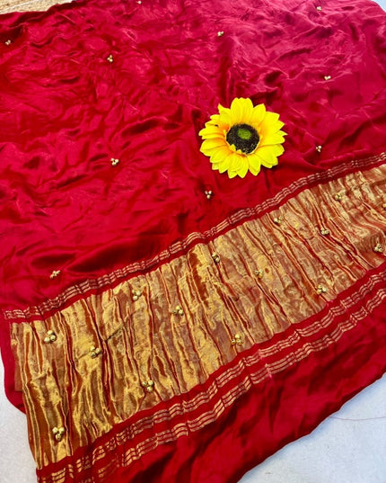 Karwa Chauth Special Pure Gajji Silk Bandhej Saree | Ghungroo Work - Rosepetals Luxe