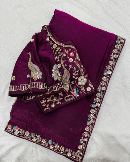 Fendy Satin Silk Saree with Bead, Sequin & Cutdana Embroidered Lace Border | Stitched Blouse - Rosepetals Luxe