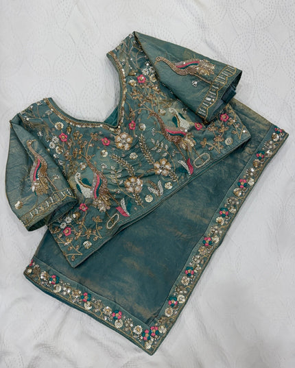 Fendy Satin Silk Saree with Bead, Sequin & Cutdana Embroidered Lace Border | Stitched Blouse - Rosepetals Luxe