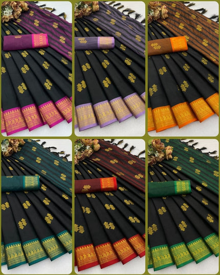Black Cotton Silk Blend Saree with Traditional Motifs & Contrast Border | Matching Blouse - Rosepetals Luxe