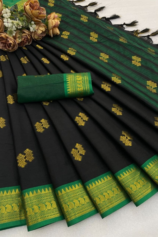 Black Cotton Silk Blend Saree with Traditional Motifs & Contrast Border | Matching Blouse - Rosepetals Luxe