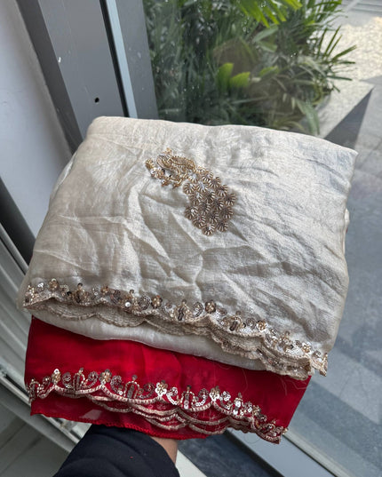 Soft Fendy Satin Silk Saree with Bead, Sequin & Cutdana Lace Border and Unstitched Blouse- Rosepetals Luxe