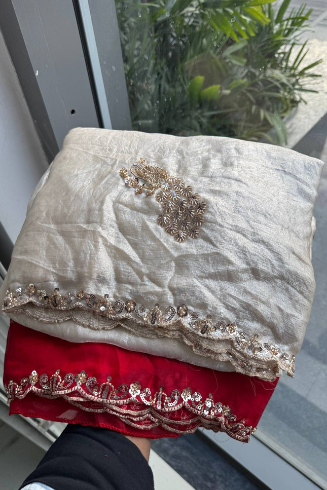 Soft Fendy Satin Silk Saree with Bead, Sequin & Cutdana Lace Border and Unstitched Blouse- Rosepetals Luxe
