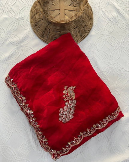 Soft Fendy Satin Silk Saree with Bead, Sequin & Cutdana Lace Border and Unstitched Blouse- Rosepetals Luxe