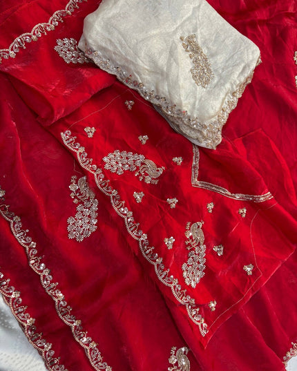 Soft Fendy Satin Silk Saree with Bead, Sequin & Cutdana Lace Border and Unstitched Blouse- Rosepetals Luxe