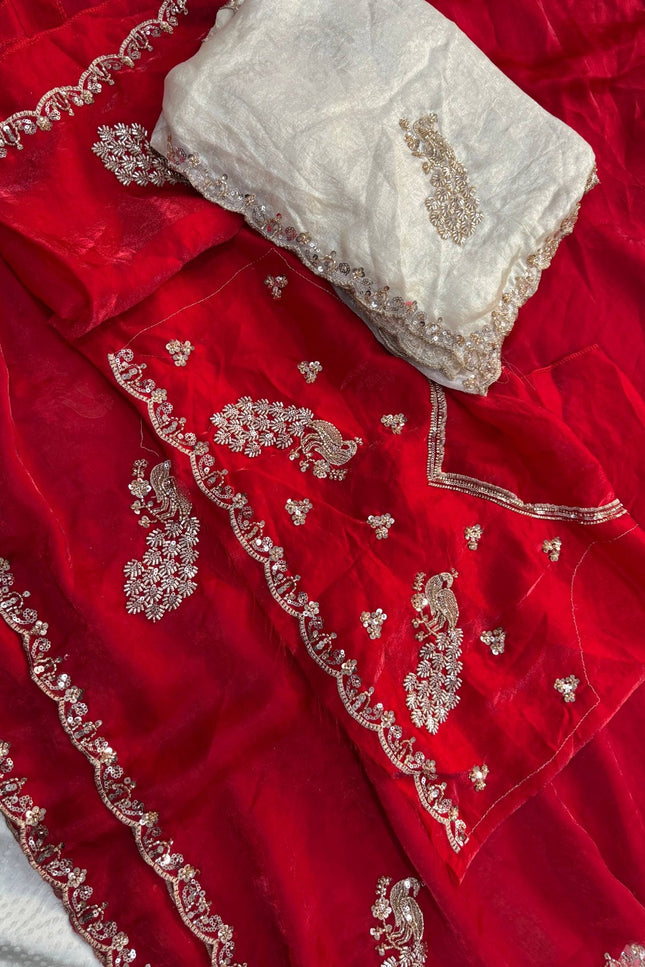 Soft Fendy Satin Silk Saree with Bead, Sequin & Cutdana Lace Border and Unstitched Blouse- Rosepetals Luxe