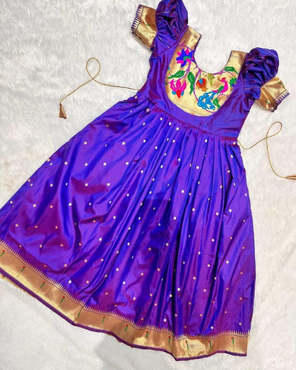 Kids Traditional Paithani Gown with Zari Weaving Work and Heavy Crepe Lining