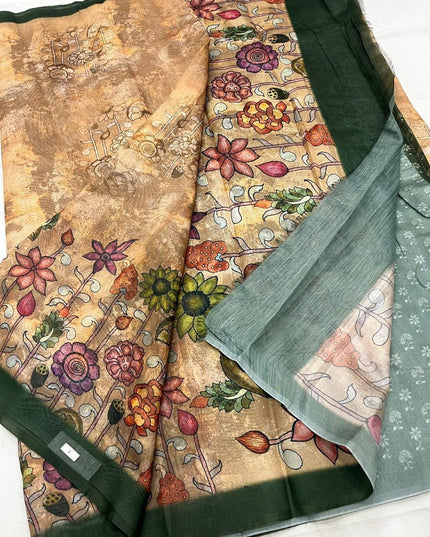 Dark Green Pastel Floral Pure Cotton Saree with Blouse Piece | Rosepetals Luxe