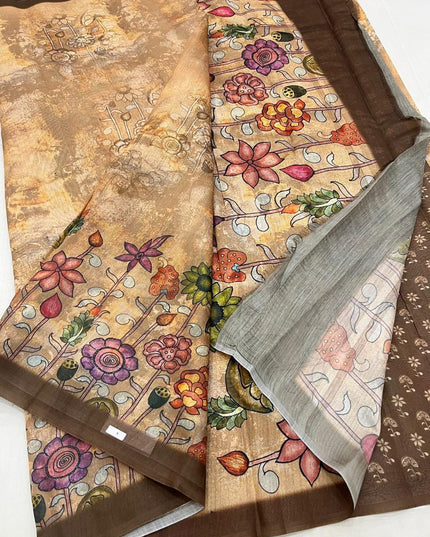 Brown Pastel Floral Pure Cotton Saree with Blouse Piece | Rosepetals Luxe
