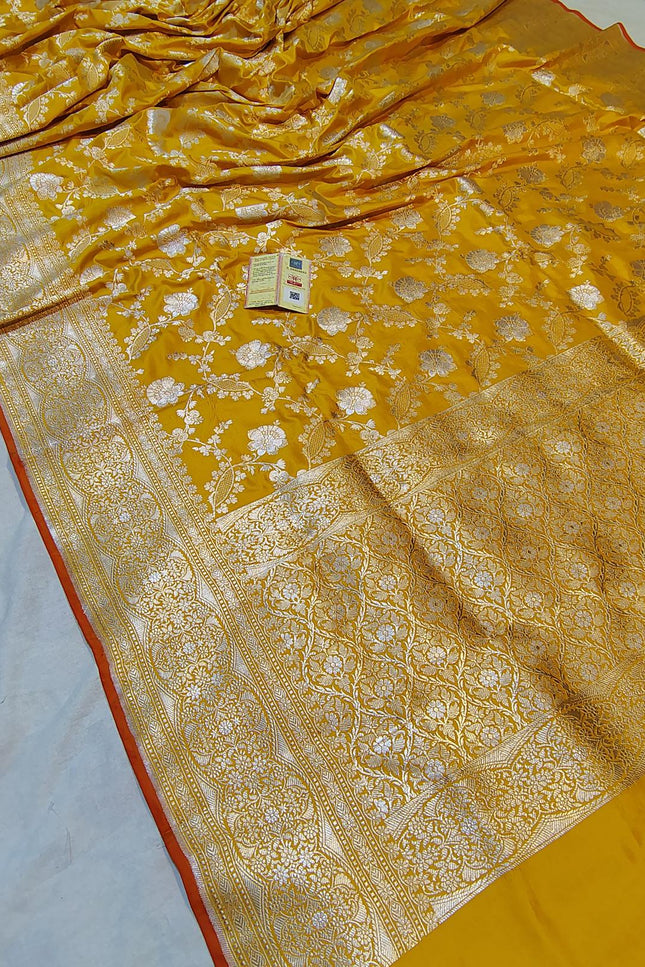 Pure Katan Silk Meenakari Saree | Golden & Silver Zari Work | Rosepetals Luxe