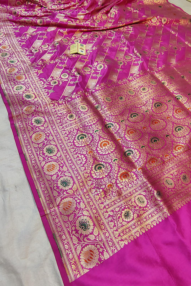 Pure Katan Silk Meenakari Saree | Golden & Silver Zari Work | Rosepetals Luxe