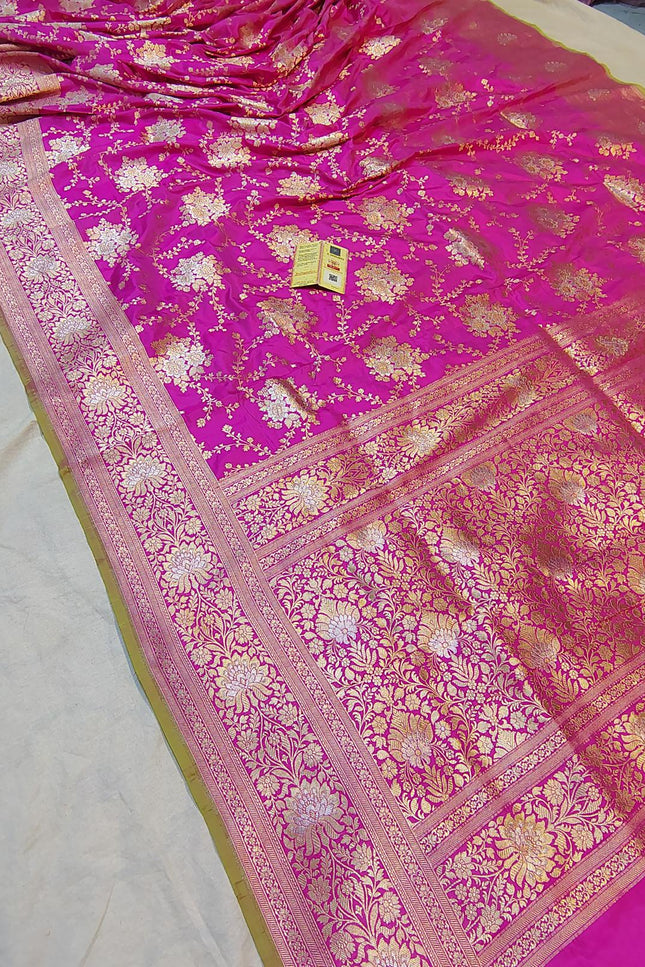 Pure Katan Silk Meenakari Saree | Golden & Silver Zari Work | Rosepetals Luxe