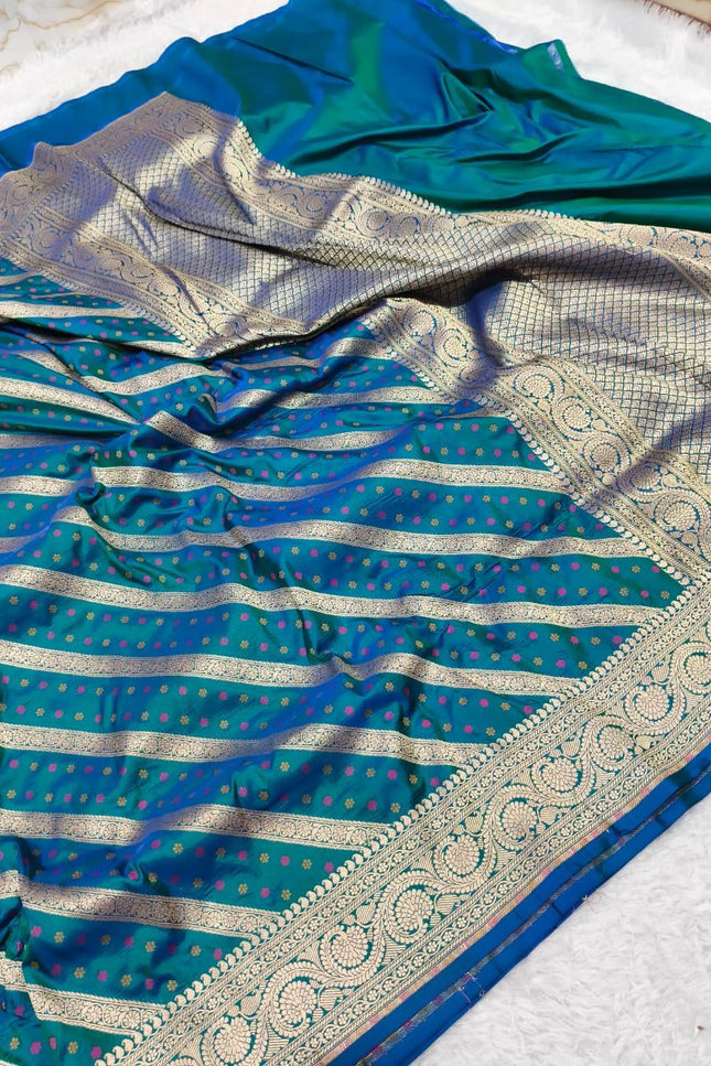 Pure Katan Silk Meenakari Saree | Golden & Silver Zari Work | Rosepetals Luxe