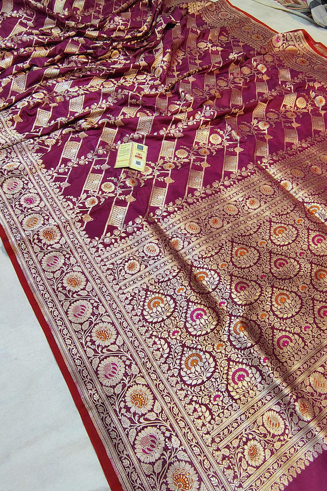 Pure Katan Silk Meenakari Saree | Golden & Silver Zari Work | Rosepetals Luxe