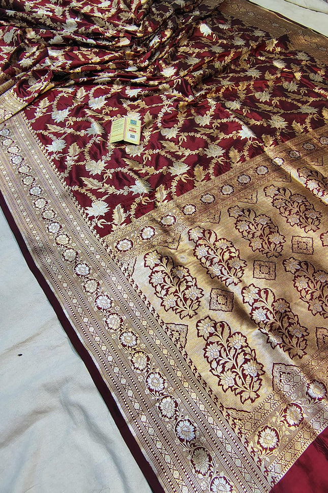 Pure Katan Silk Meenakari Saree | Golden & Silver Zari Work | Rosepetals Luxe