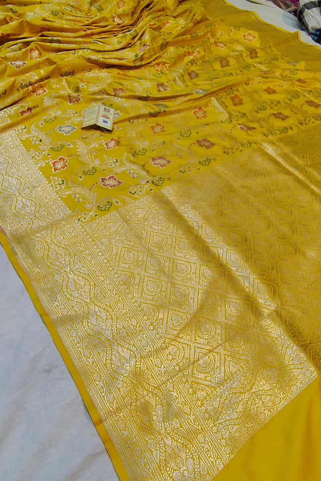 Pure Katan Silk Meenakari Saree | Golden & Silver Zari Work | Rosepetals Luxe